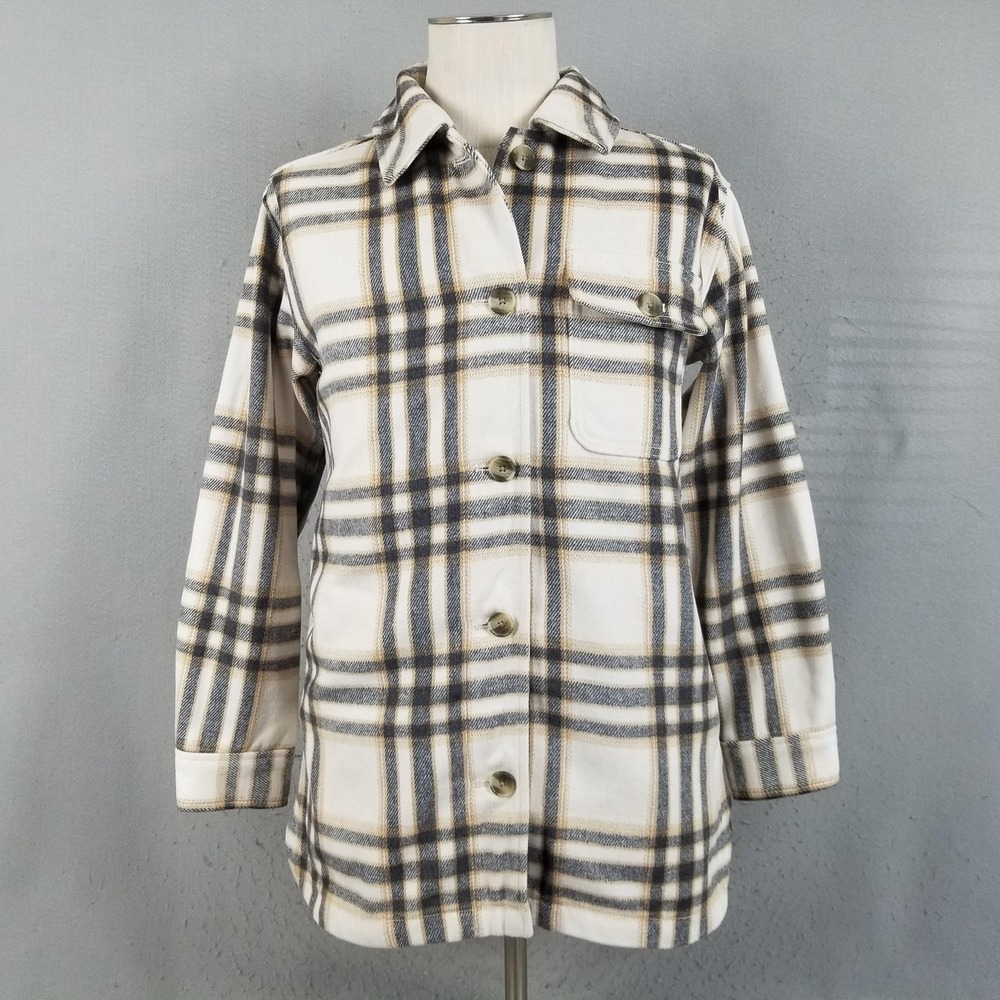 Old Navy Jacket Mens Small White Gray Plaid Fleece‎ Lined Button Front Shacket